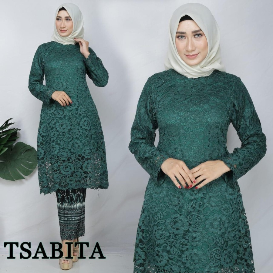 "ATASAN" Kebaya Set Brukat Tunik Gliter Lace Jumbo HIJAU BOTOL