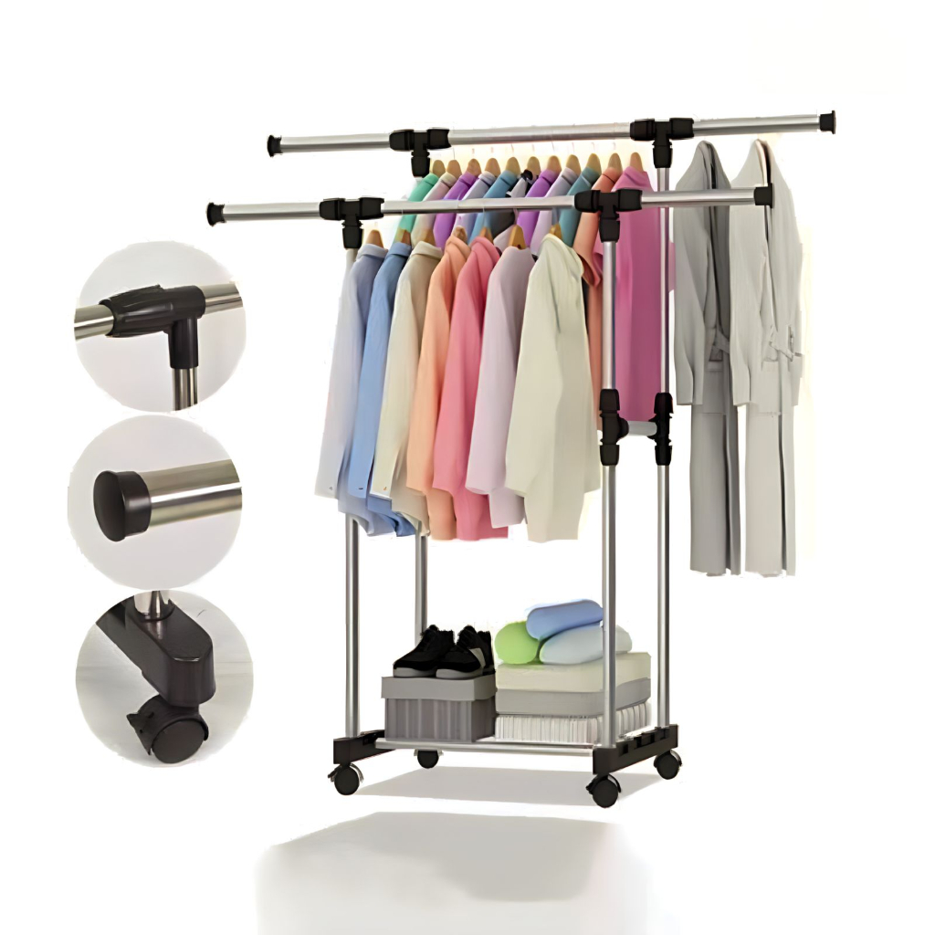 Stand Hanger Single &amp; Double Stainless Dengan 4 Roda Hitam Portable / Rak Gantung Baju Serbaguna