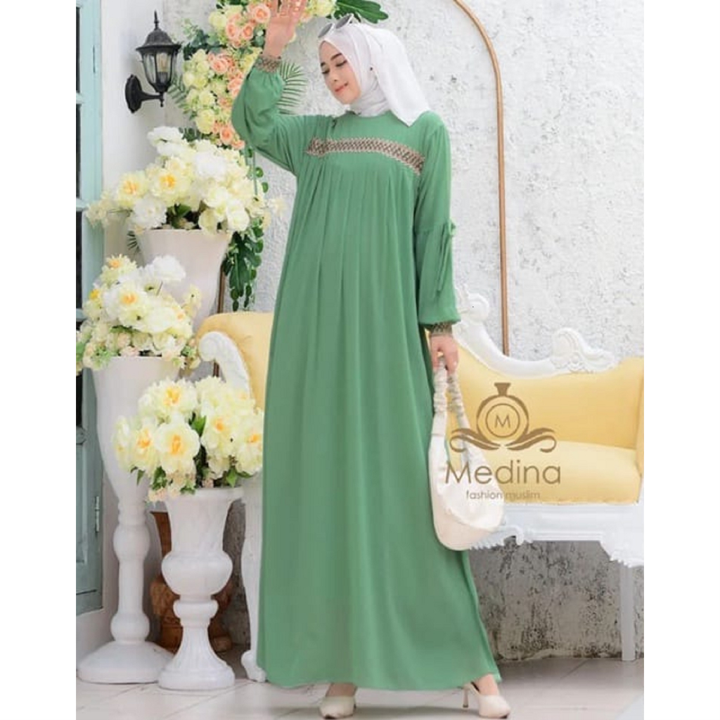 Gamis medina renda kringkel airflow terbaru dan terlaris medina dress resleting belakang