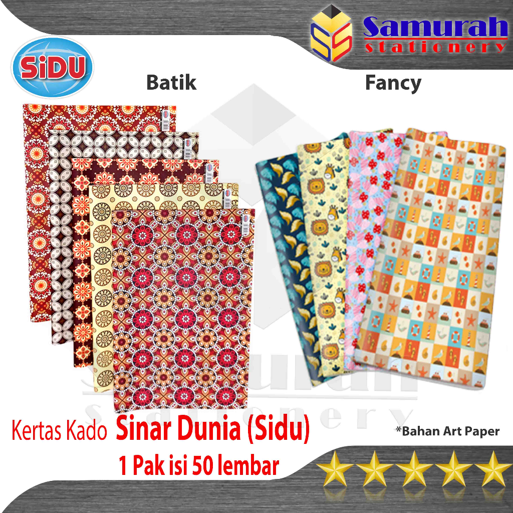 

Kertas Bungkus Kado Sidu isi 50 Lembar Motif Fancy / Batik / Sinar Dunia Gambar Lucu Random Per 1 PAK ada 5 Motif