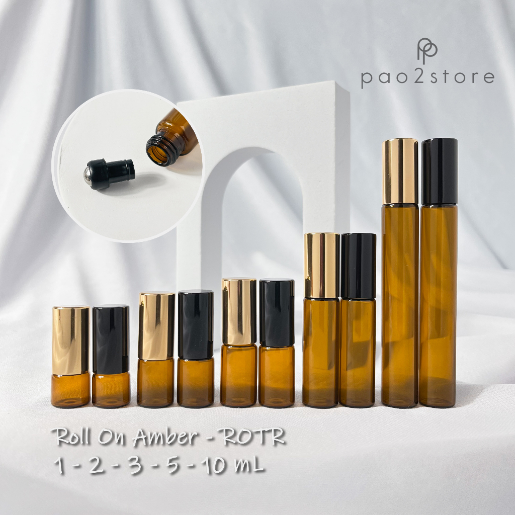 Botol Roll on Kaca AMBER - Bola Roller Besi Stainless - Tutup Besi Metal - Essential Oil Parfum Travel Size - ROTR