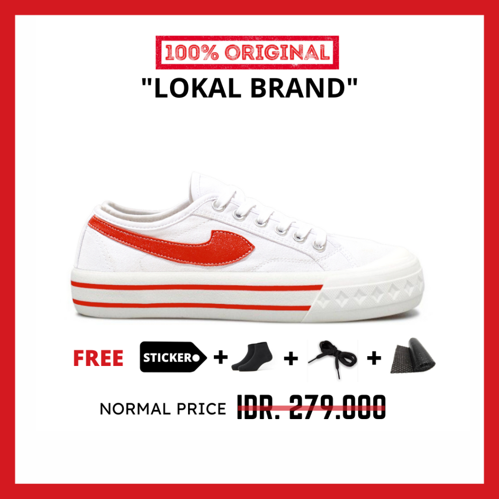 ORIGINAL - Sepatu Brand Lokal Kasual Pria Wanita No Brand White Red Low Not Sneakers Compass Retrograde Putih Merah