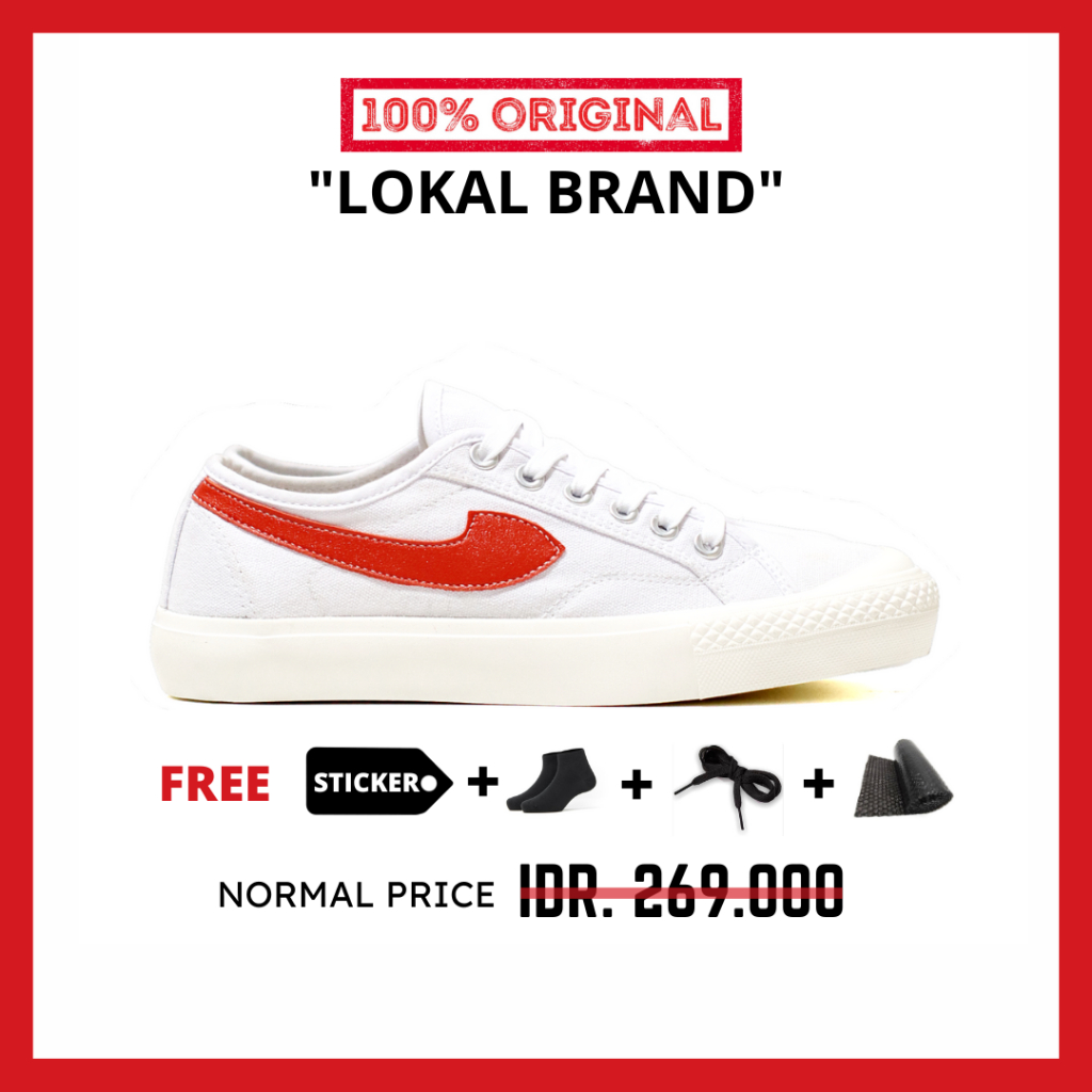 ORIGINAL - Sepatu Brand Lokal Kasual Pria Wanita No Brand White Red Low Not Sneakers Compass Gazelle Putih Merah