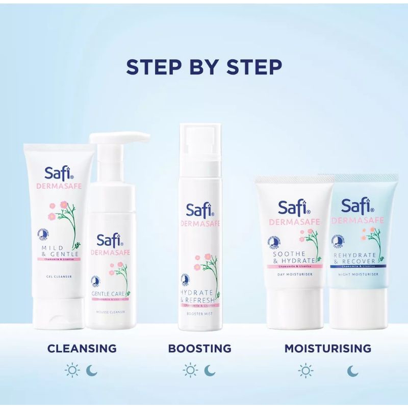 GEL CLEANSER FACIAL WASH 100ML & FACE MIST DERMASAFE HYDRATE & REFRESH BOOSTER SAFI - 75 ML DAY NIGH