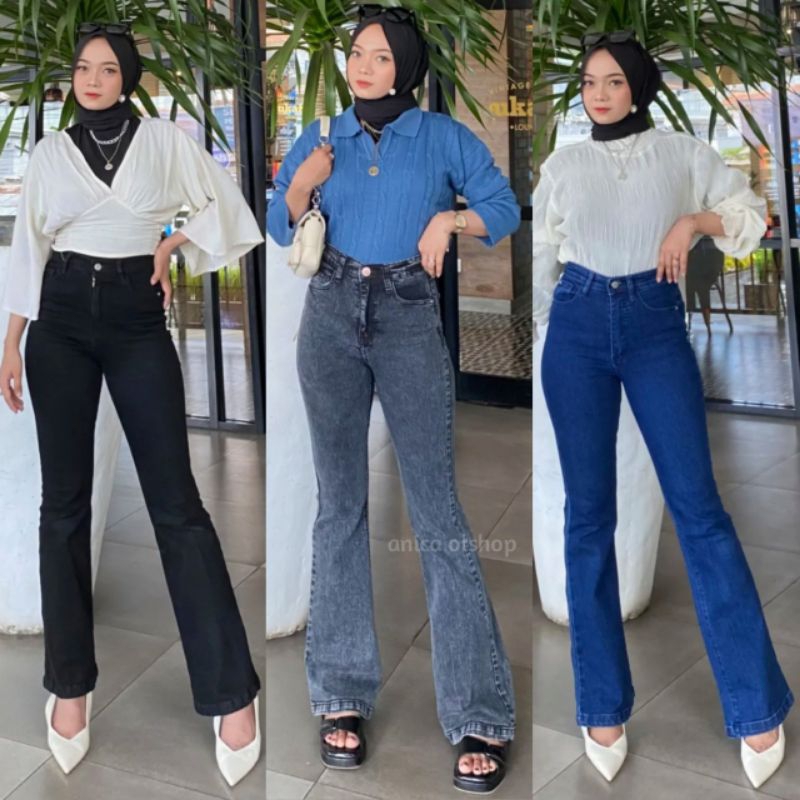 J.0477-Celana HW Cutbray Polos Wanita Pinggang Tinggi-Celana Jeans Strech Wanita