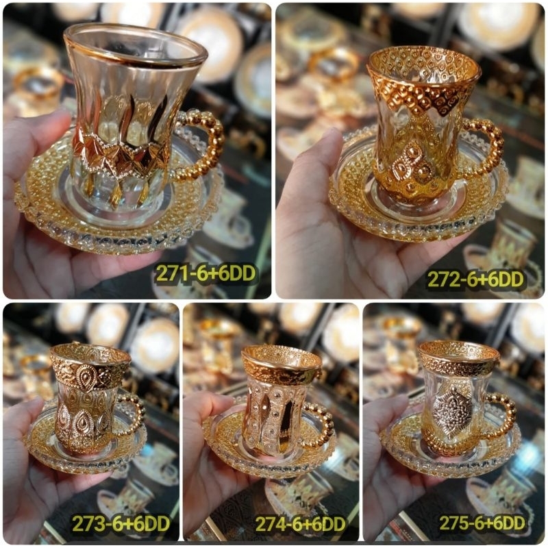 SET CANGKIR + TATAKAN arab kombinasi gold gelas turki CANGKIR TEH arab Tea set bahan kaca