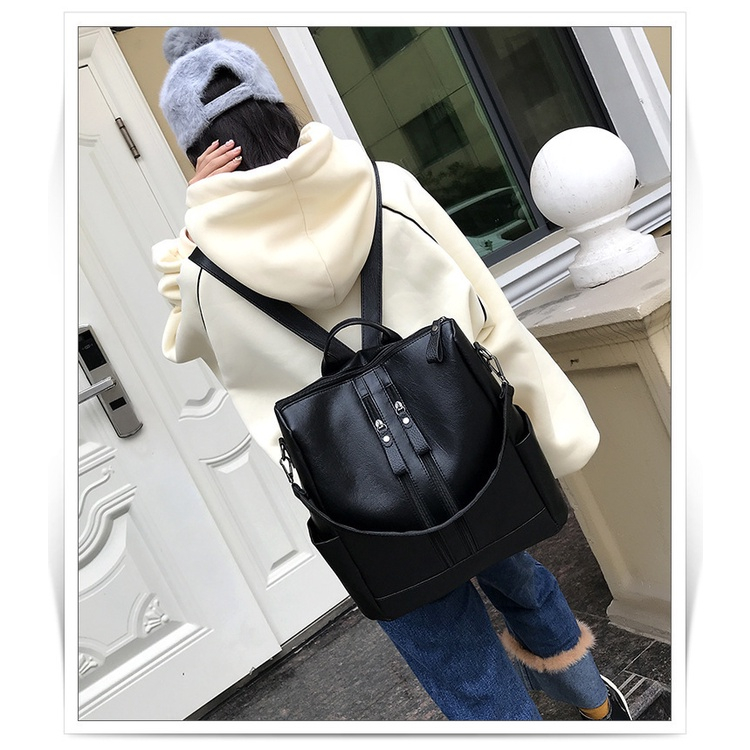 Tas Kuliah Wanita/Tas Ransel Wanita Kerja Hitam Fashion Kuliah Kekinian Dewasa O7C6 BP43 Tas Ransel Wanita Kulit PU Korea Summer Youth Women Backpack