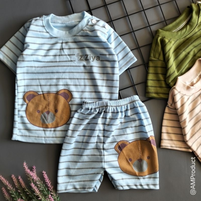 setelan piyama bayi 3-12 bulan motif garis bear