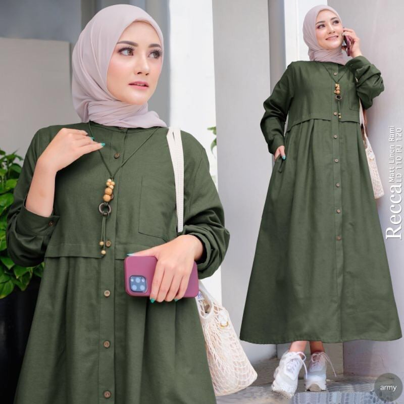 Baju Dress Wanita Muslim Terbagus Kekinian 2023 New Recca Midi Dress Gamis Linen Rami Busui Kancing Depan Fashion Muslim Kekinian Gamis Wanita Muslim Long Tunik Outfit Terbaru