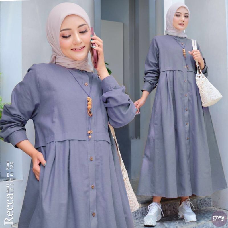 Baju Dress Wanita Muslim Terbagus Kekinian 2023 New Recca Midi Dress Gamis Linen Rami Busui Kancing Depan Fashion Muslim Kekinian Gamis Wanita Muslim Long Tunik Outfit Terbaru