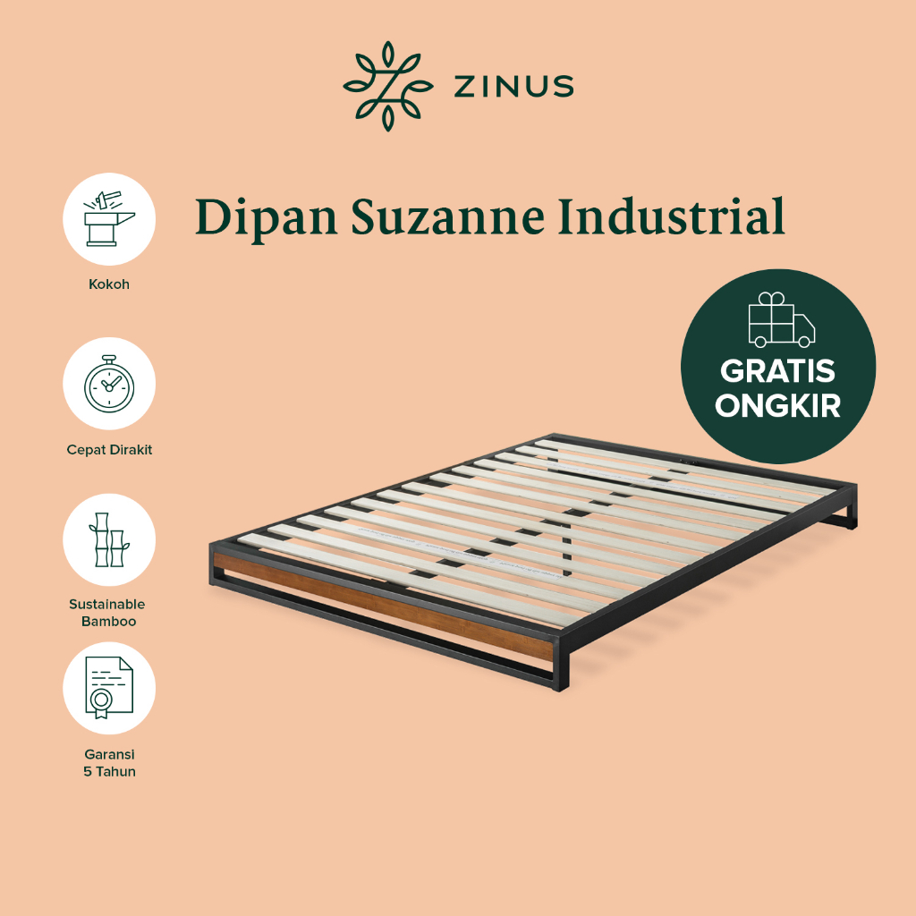 Dipan Tempat Tidur Zinus Suzanne Low Ranjang Besi dan Kayu Design Industrial Bed In a Box