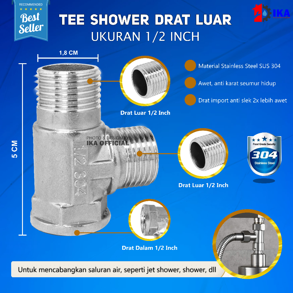 TEE SHOWER T CLOSET 1/2 INCH BAHAN STAINLESS STEEL SUS 304 ASLI (DRAT LUAR DALAM) T Shower / T Kloset / Tee Kloset Stainless 1/2&quot; x 1/2&quot;