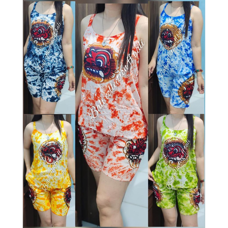 setelan baju bali tank top wanita motif barong lukis size XL celana pendek