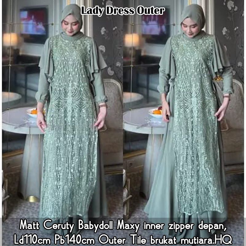 Gamis lady dress bahan ceruty baby doll premium full furing / busui / resleting depan original