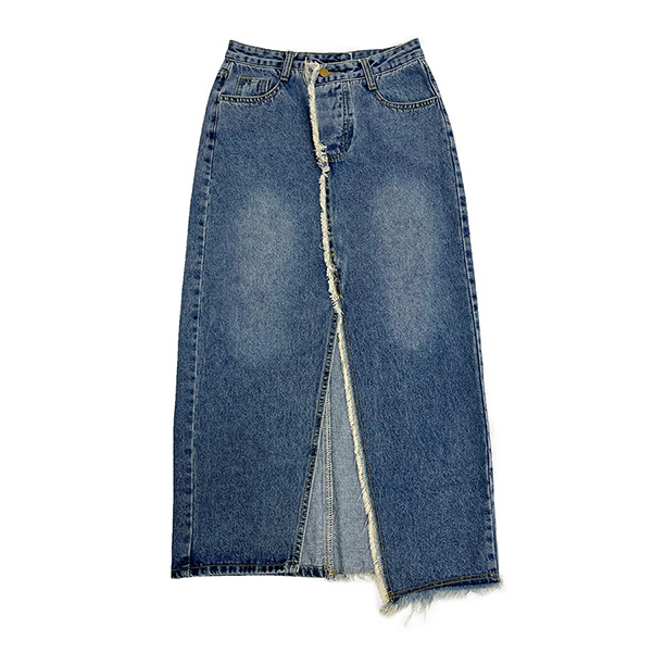 Rok Belahan Denim Raw Edge Retro Untuk Wanita Korea