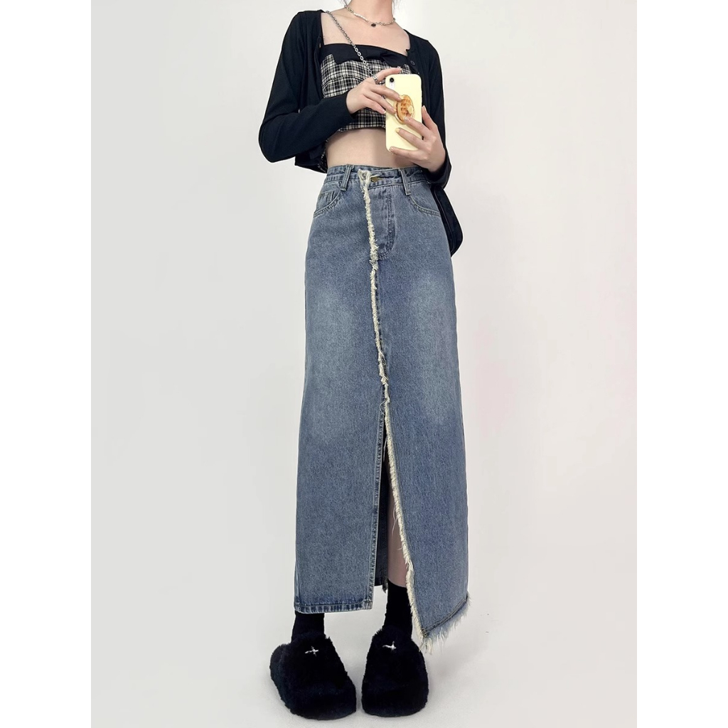 Rok Belahan Denim Raw Edge Retro Untuk Wanita Korea