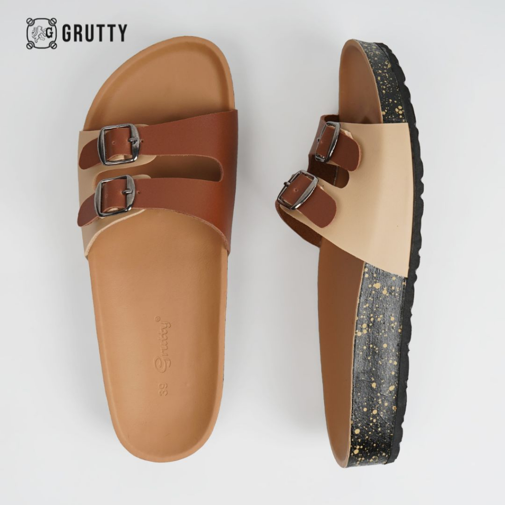 GRUTTY Trella Sandal Wanita Flat Two Tone Series Sendal Kekinian Super Comfy Cream Kombinasi