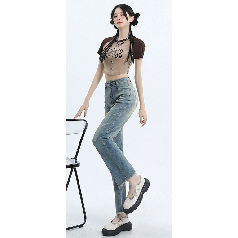 XIAOZHAINV Korean Style Celana Jeans Wanita/ Straight High Waist Pants Biru Muda 0789