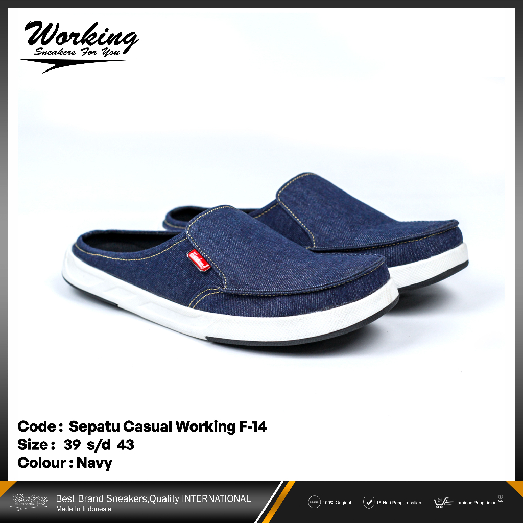 Sepatu Kasual Pria Original Selop Santai Kerja Working F-14 Bahan Denim