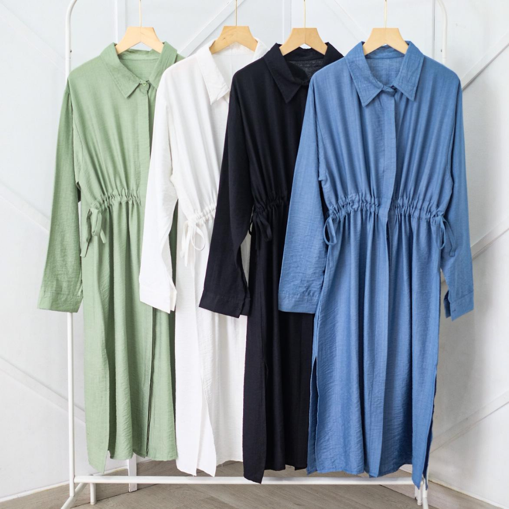 Serina Midi Dress - Midi Dress Muslim - Midi Dress Korea - Polo Linen Ld 110cm Kerah Kemeja Tali Serut Aktif Kancing Depan