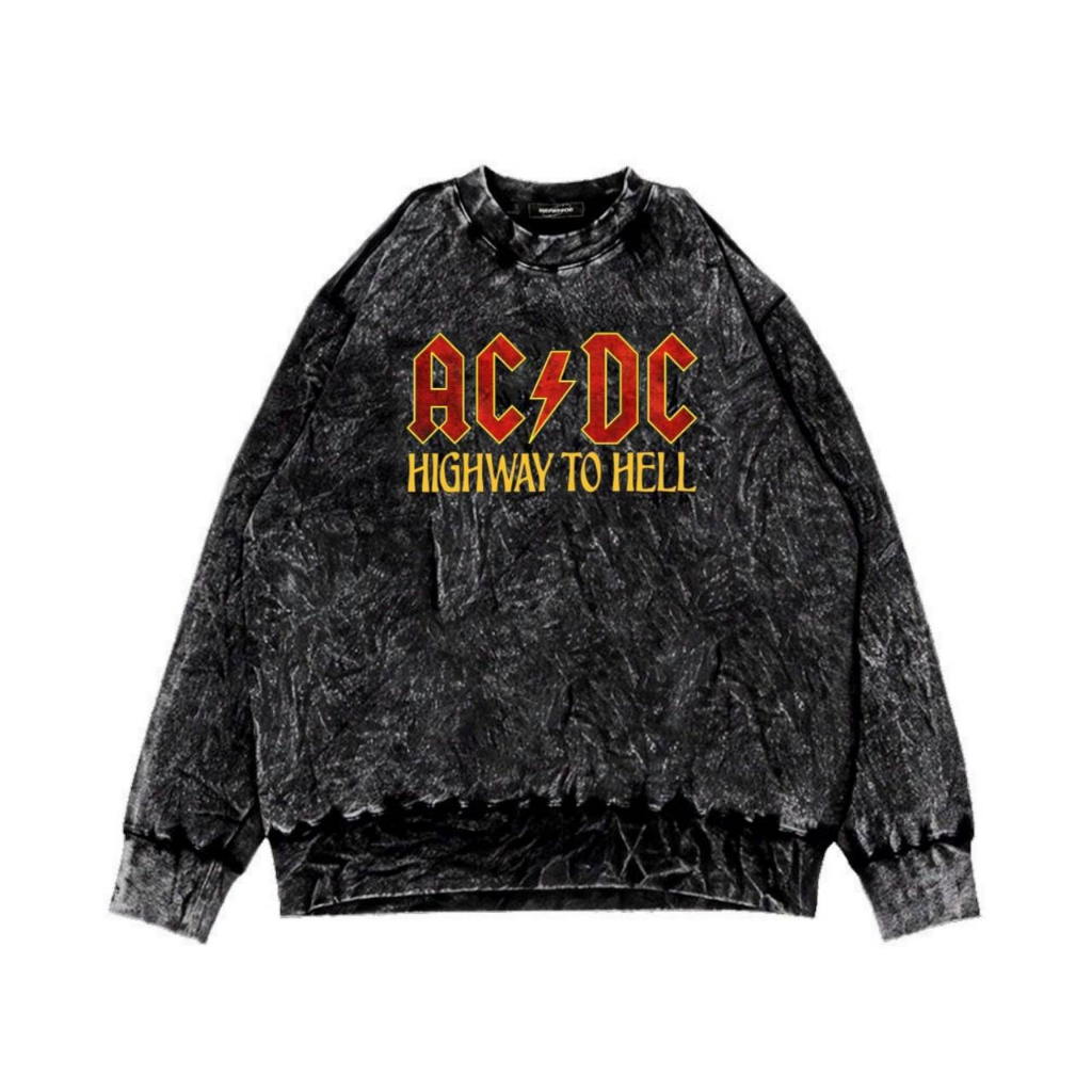 FEROCIOUS | Crewneck Washed | Logo AC DC Highway To Hell | Sweater Sandwash | Crewmneck Pria Wanita Premium Distro