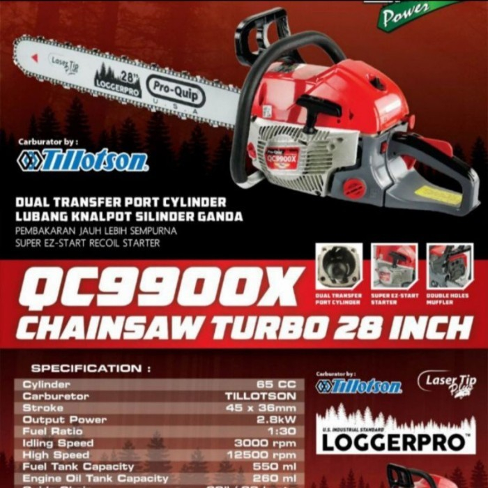 Chainsaw Gergaji Kayu 28&quot; LASER TIP QC9900X PROQUIP / Mesin Gergaji Potong Belah Kayu 28 Inch Chainsaw Turbo QC 9900 X PRO QUIP