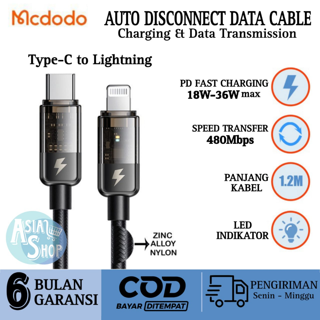 Mcdodo Kabel Data Type C To Lightning iPhone Automatis Power Off PD36W LED Fast Charging