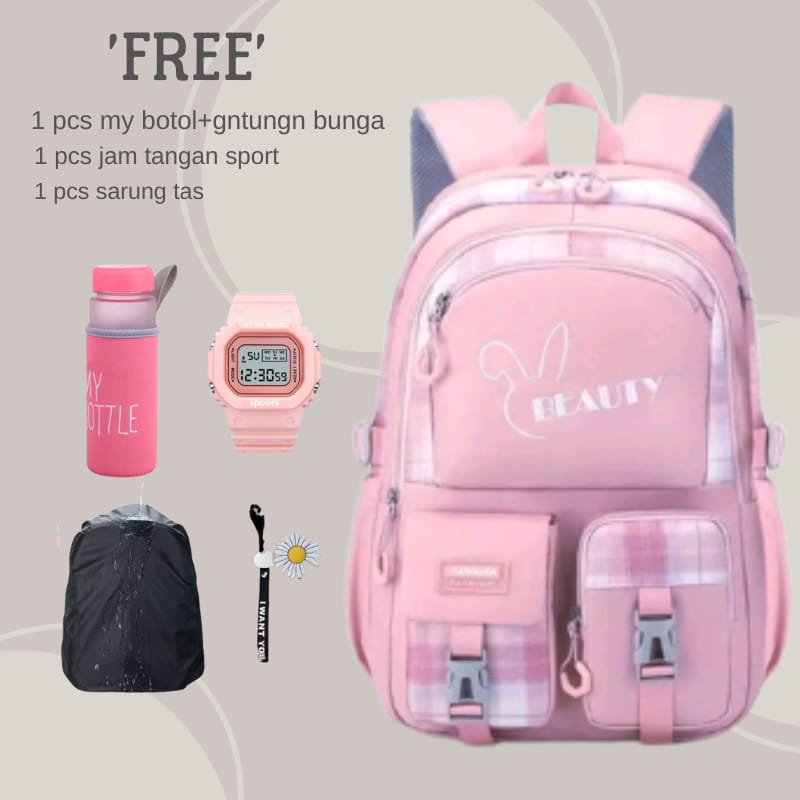 COD Tas Ransel Anak Perempuan Free Botol Minum Mantel Tas Jam Tangan Sport Plus Gantungan Bunga Tas Ransel SMP/SMA Terbaru Beauty Kapasitas Besar