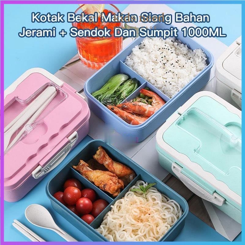 Kotak Makan Gagang Set Free Sendok Sumpit / Lunch Box Kotak Bekal Jerami Gandum