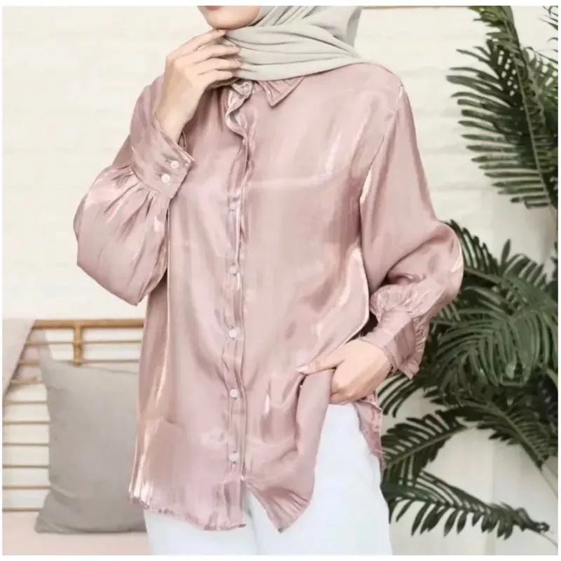 Tamstore Kemeja Wanita Oversize Shimmer Lengan Panjang Vamel