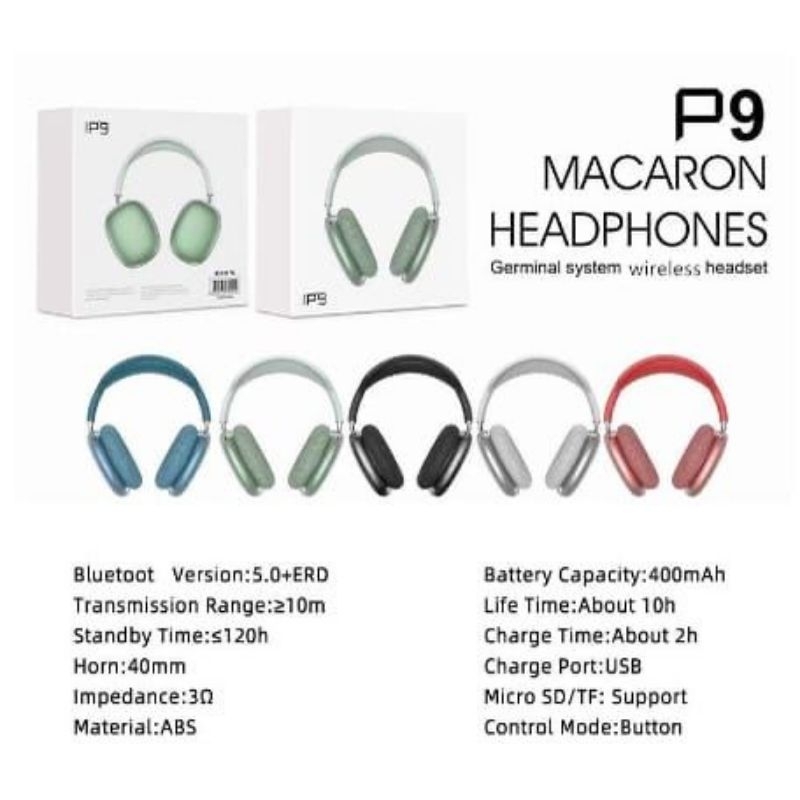 Headphone Bando Bluetooth P9 Macaron Headset Wireless Clone 1.1 Stereo BASS