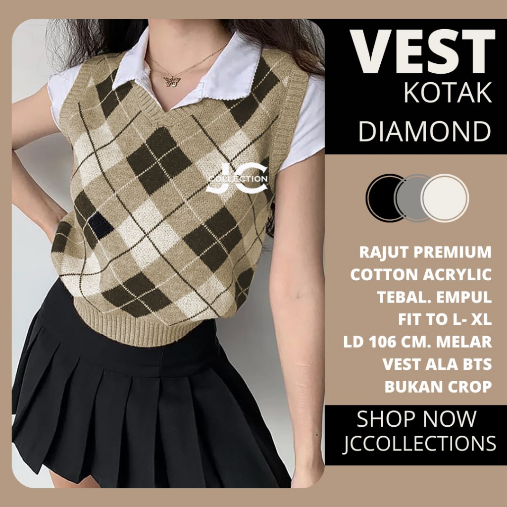 Vest Rajut Premium Sido OVERSIZE / Knit Vest Vneck Rompi Rajut Diamond Big Size JCCollections / Rompi Cewek Kotak