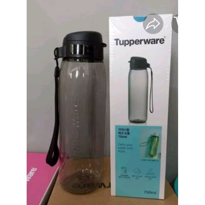 botol bening / botol kristal h2go tupperware 750ml 1pcs( Redi hitam gagang merah )