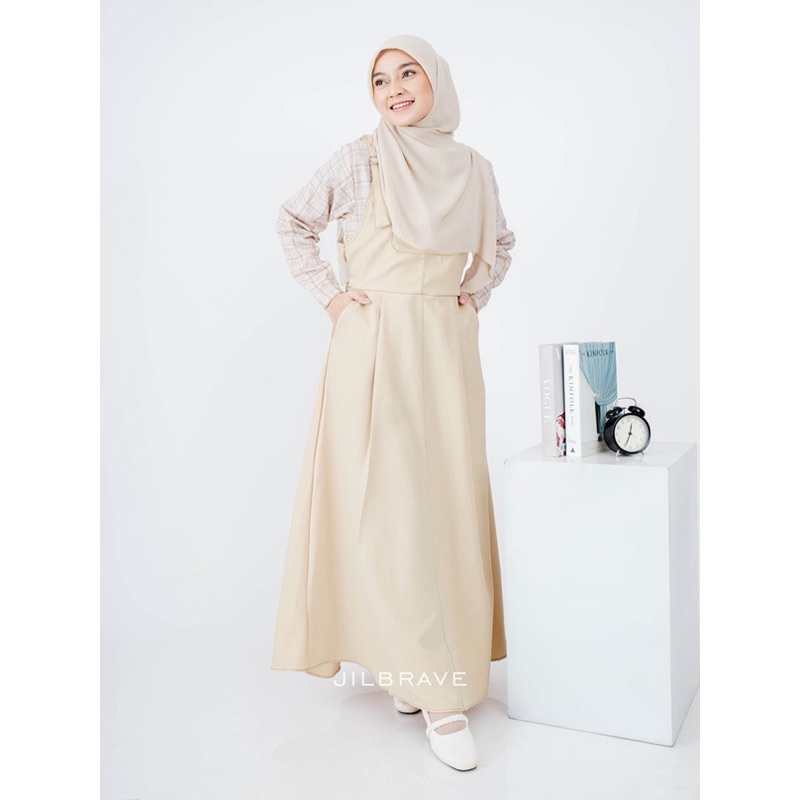 Preloved JILBRAVE Vania Dress Overall Warna Beige//modeljumpsuit//dressjilbrave/dresskotak-kotak