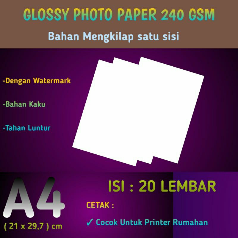 Kertas Foto Premium 240 GSM A4 Mengkilap isi 20 Lembar / Photo Paper Glossy 240 gram dengan WATERMAR
