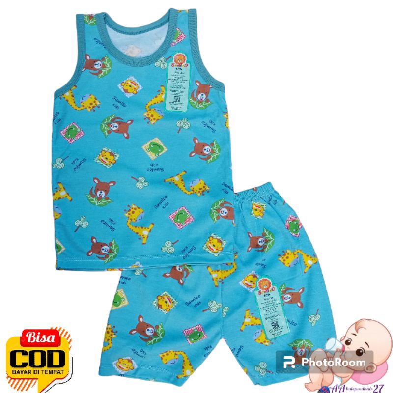 3PASANG SAMLEO Setelan Baju Bayi Lengan Kutung Full Printing Dasar Warna Ukuran M L XL SNI Nyaman Murah Berkualitas Motif RANDOM