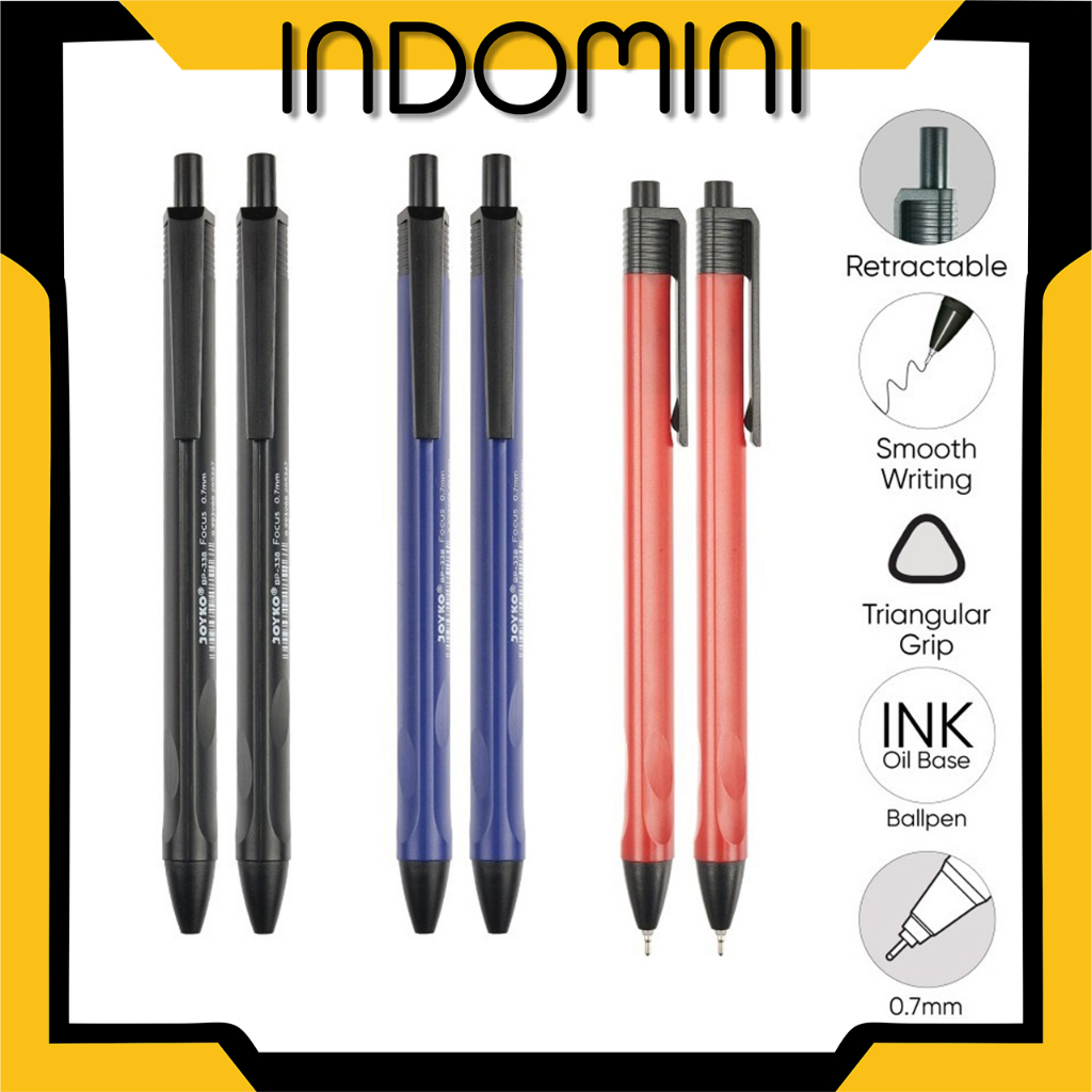 INDOMINI BALL PEN PULPEN PENA JOYKO BP-338 FOCUS 0.7 mm BOLPEN MURAH HITAM BLACK WARNA WARNI LUCU GROSIR TIDAK MUDAH KERING ATK KANTOR ASLI BOLPOINT S065