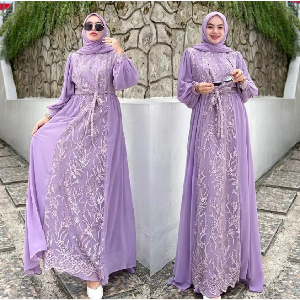 Gamis zaskia dress bahan ceruty baby doll premium full furing / busui / resleting depan original