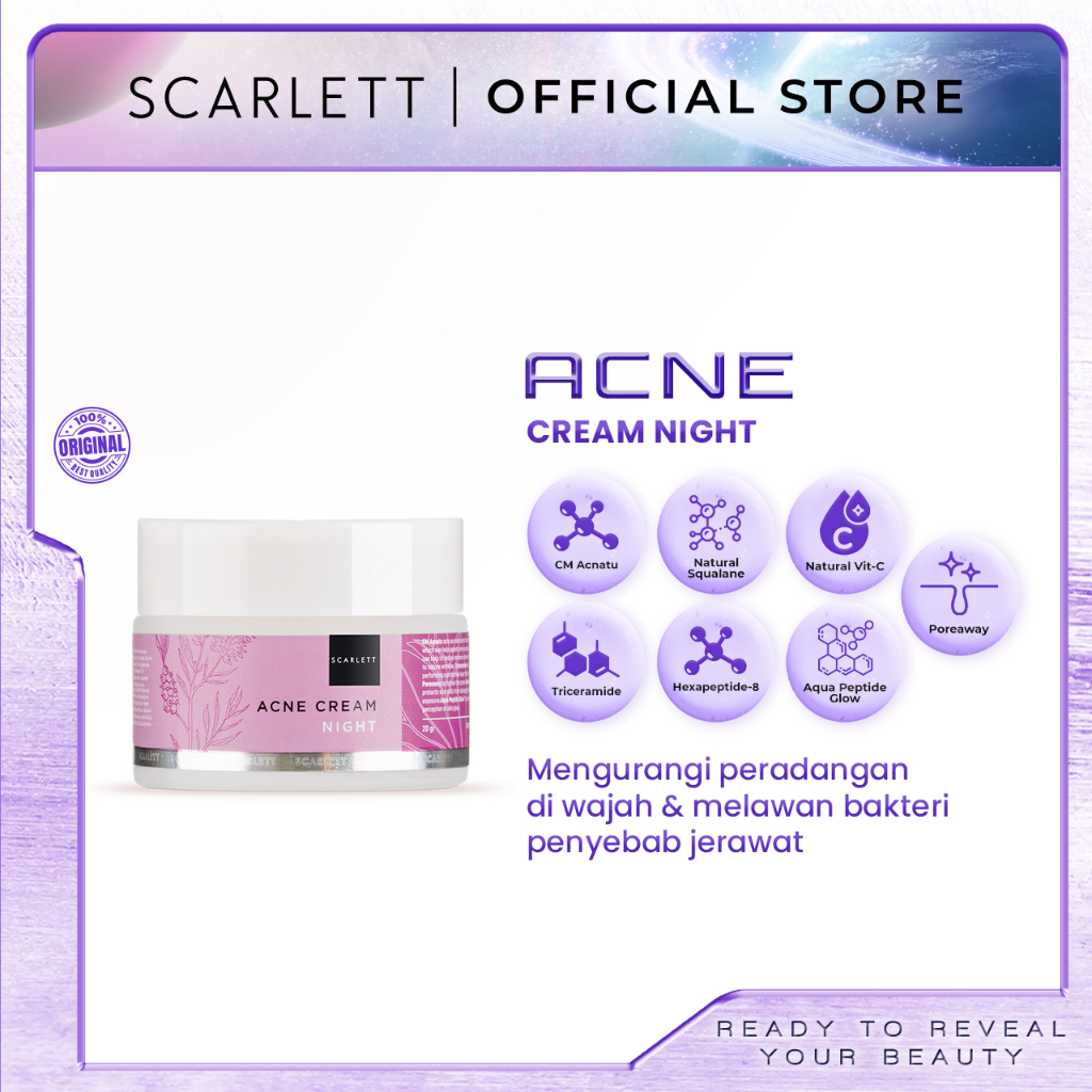 Scarlett Whitening Acne Night Cream - Krim Malam Penghilang &amp; Perawatan Jerawat Ampuh Atasi Hingga Bekasnya with Double Action Salicylic Acid tanpa Bikin Kulit Iritasi