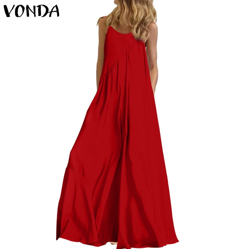 Women Loose Sleeveless Strap Vintage Maxi Dress