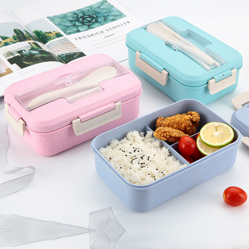 LUNCH BOX SET KOTAK BEKAL MAKAN JERAMI GANDUM KOTAK MAKAN ​1000ML 4-IN-1 FREE SENDOK TEMPAT MAKAN