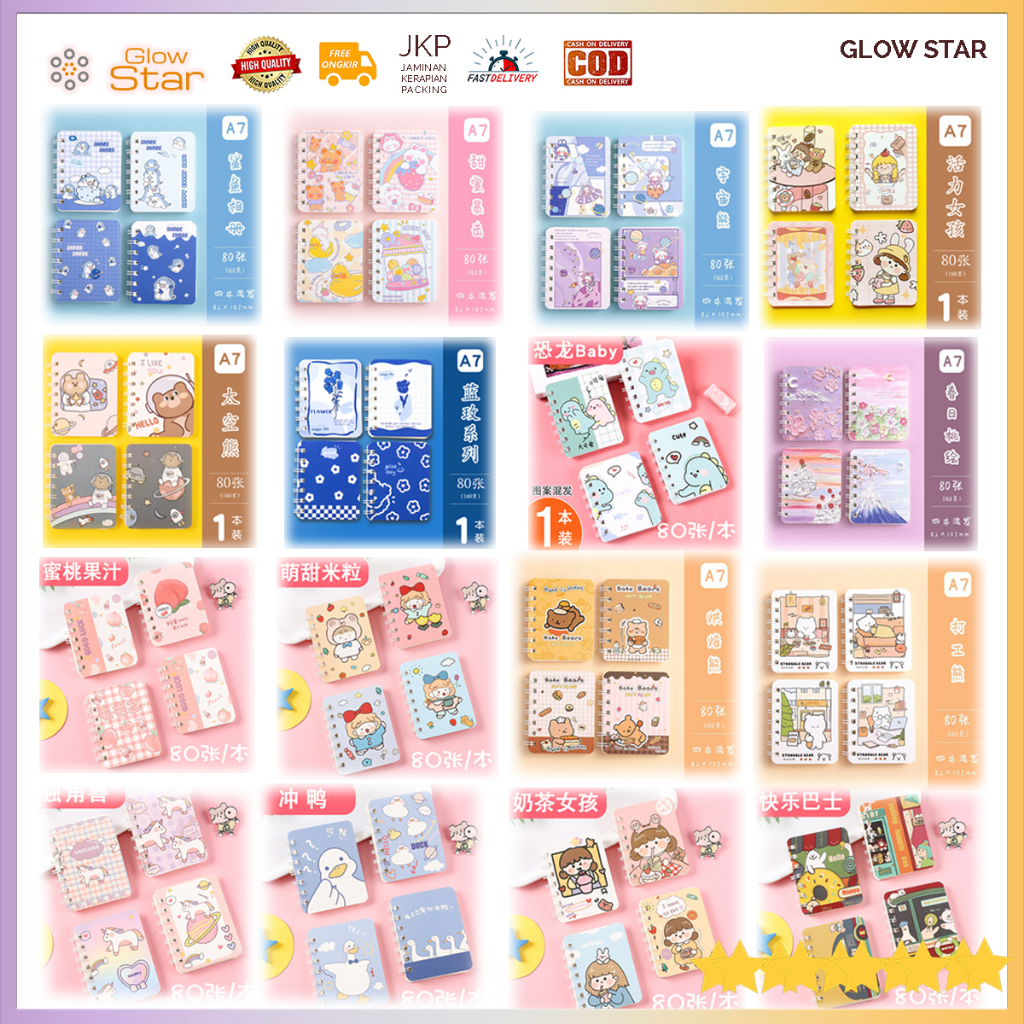 1PCS/1 Buku Mini Book Theme, Buku kecil anak anak motif lucu A7 tulis gambar catatan notes agenda mini Notepad notebook model binder Binder Pemandangan shark beruang pink bunga cewek gadis perempuan TK SD SMP Spiral