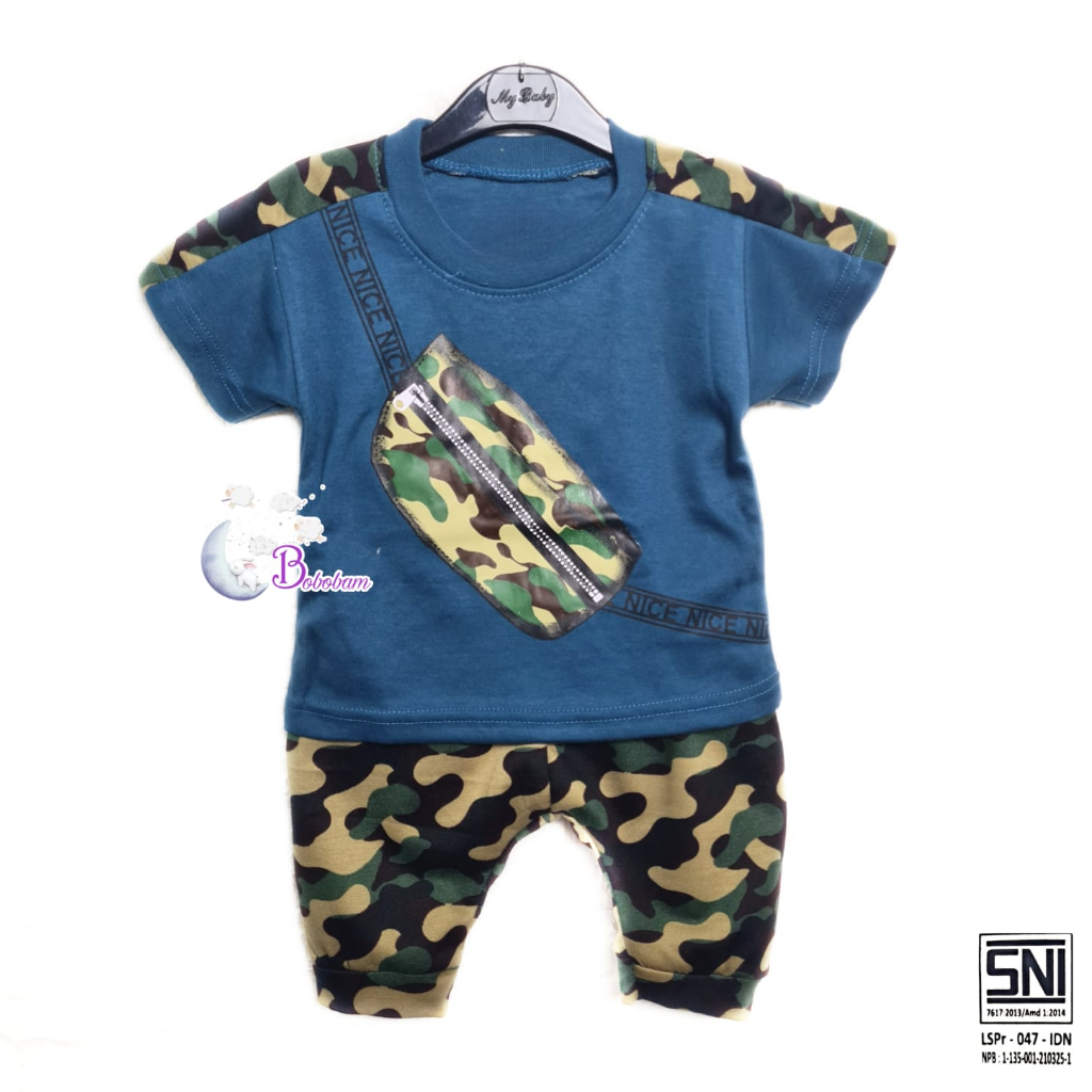 BOBOBAM BAJU BAYI LAKI LAKI  SETELAN ANAK COWO LUCU STELAN COWOK  6 12 BULAN  KEREN TRENDY KEKINIAN TAS LORENG ARMY