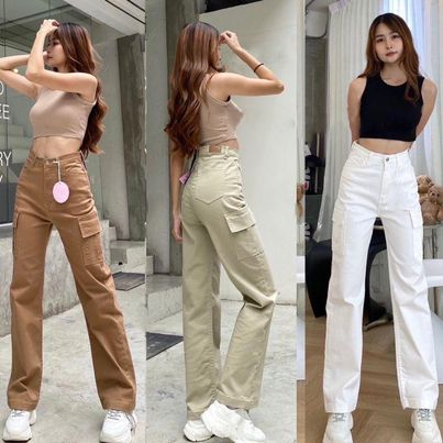 Celana Cargo Jeans Wanita Highwaist Kantong samping Loose Cargo Cream Latte Snow biru Kimpul