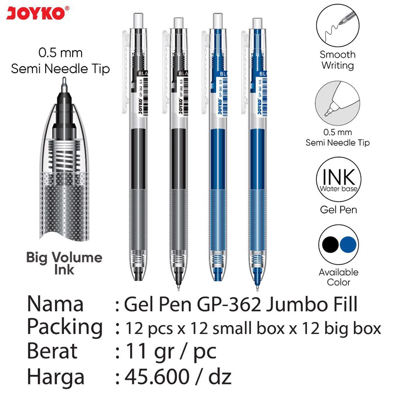 

(1 pcs) Pulpen Jel 0,5mm Gp-362 / Pen gel Jumbo Fill / Gelpen tinta hitam Joyko Gp-362