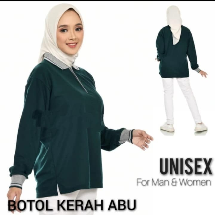 Kaos Kerah Panjang Wanita FO LIST KOMBINASI warna Hijau Army - Kaos Kerah Polos LIST Lengan Panjang 