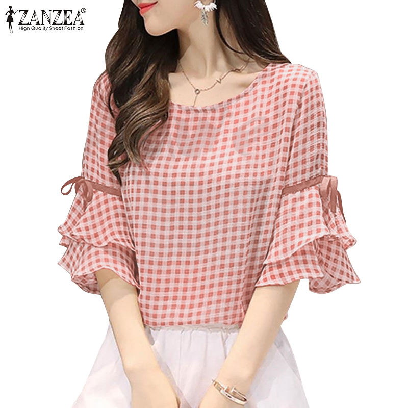 ZANZEA Women Korean Ruffled Hem Sleeved Casual Loose Grid Printed Blouse