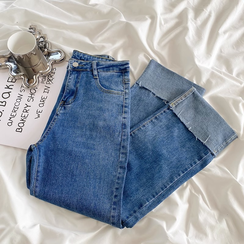 Kekinian Korea Highwaist Lurus Jeans Wanita Celana Kaki Digulung