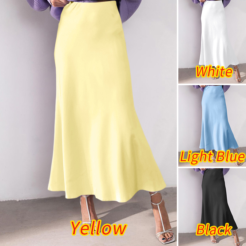 Women High Waist Satin Silk Elegant Casual Mermaid Long Skirt