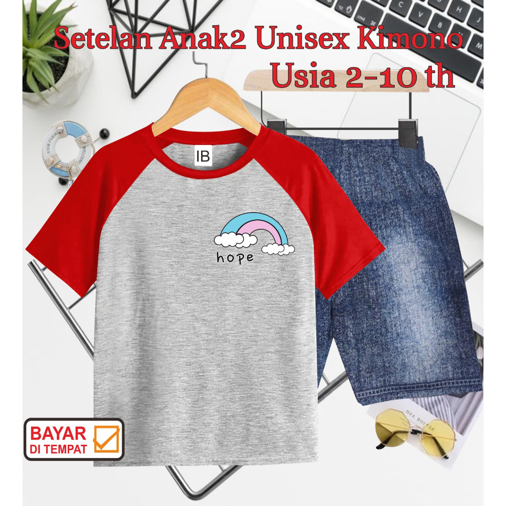 ((IB))SETELAN ANAK2 UNISEX KIMONO SEMI JEANS/LOGO RAINBOW DIGITAL SABLON